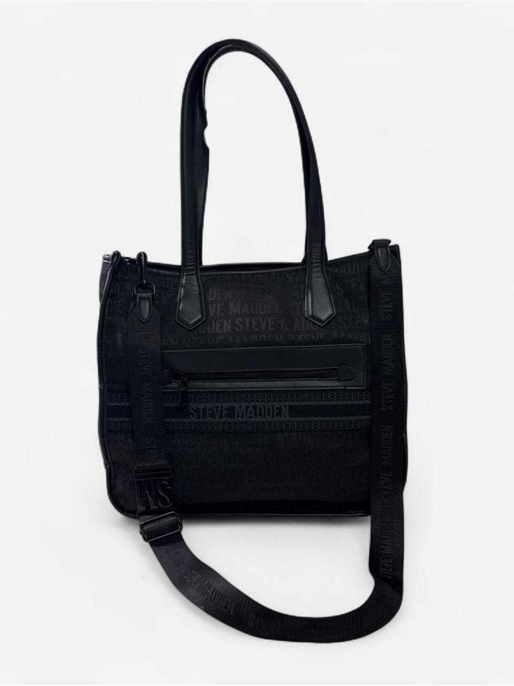 Steve Madden Black Logo Jacquard Tote with Adjustable Crossbody Strap
